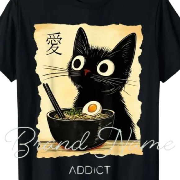 Tops - Cat Eating Ramen 100% Cotton Black Short Sleeve Tee